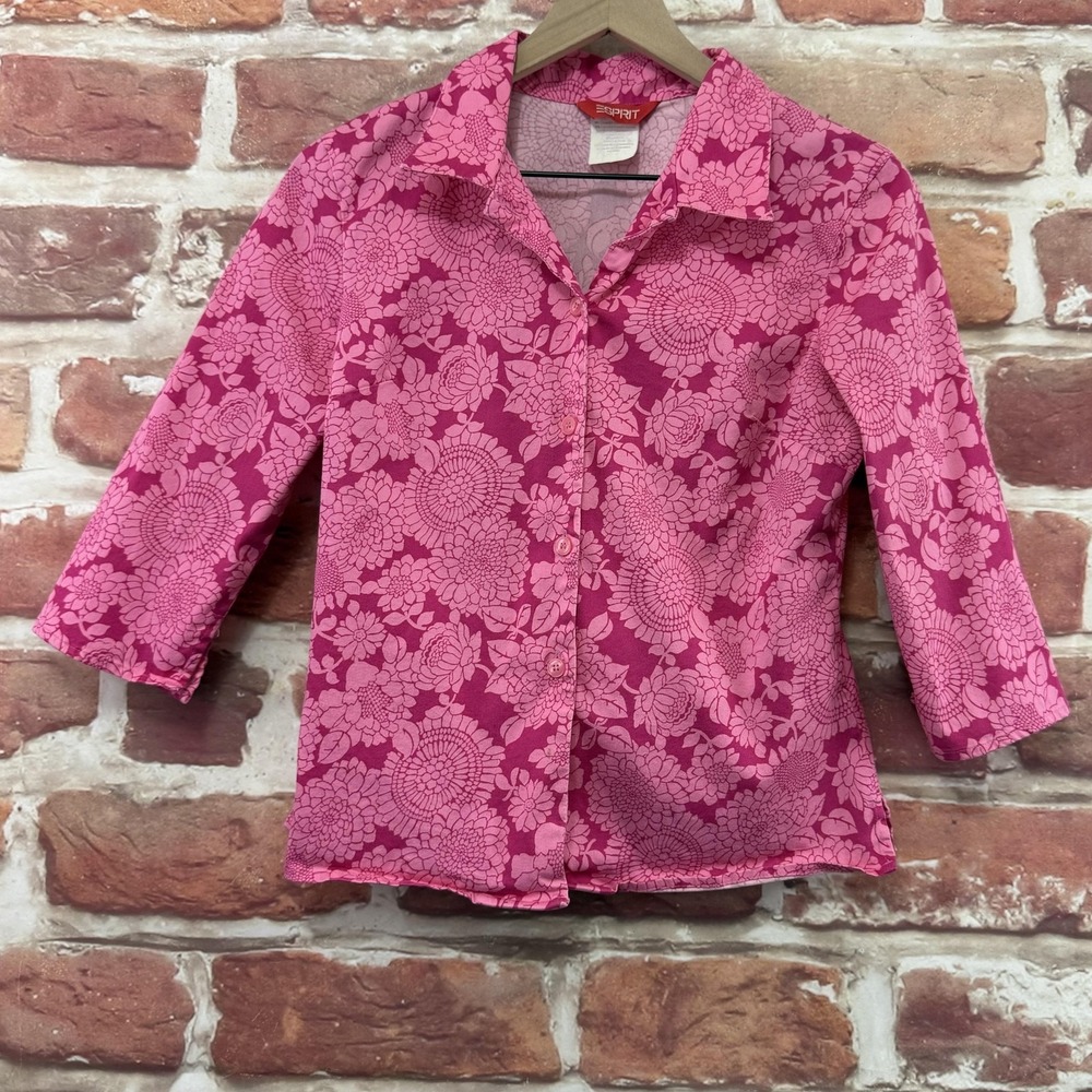 Vintage Esprit Top Women's Medium Pink Floral Abstract Casual Button Up Shirt